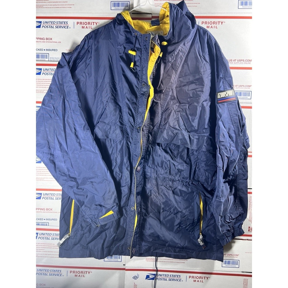Vtg 90s Izod Sport Blue Yellow Zip Hooded Rain Windbreaker Jacket Men L Lacoste‎